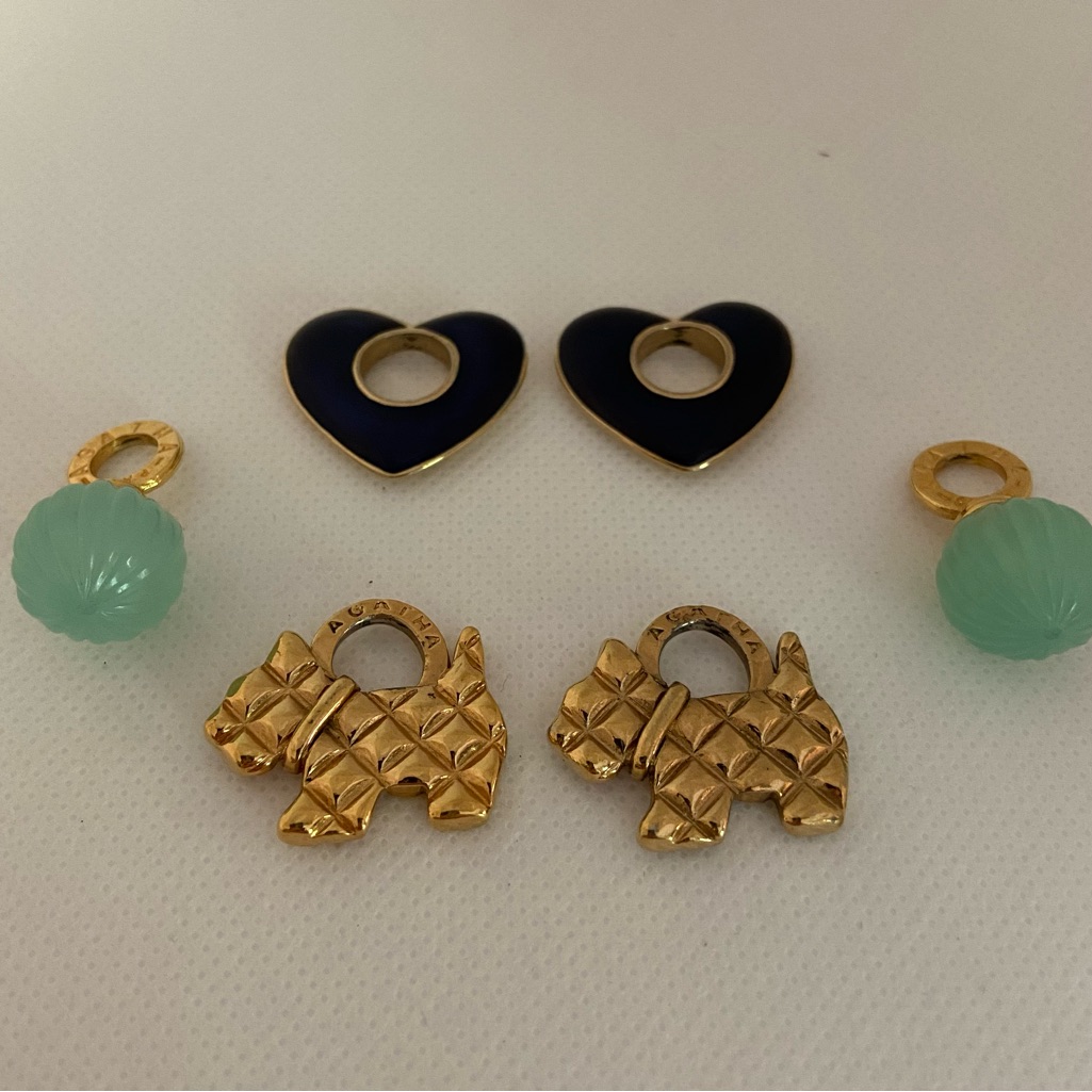 3 Pairs Earring Charms, 2 Signed Agatha. Iconic Scotty Digs, Aqua Globes, Hearts